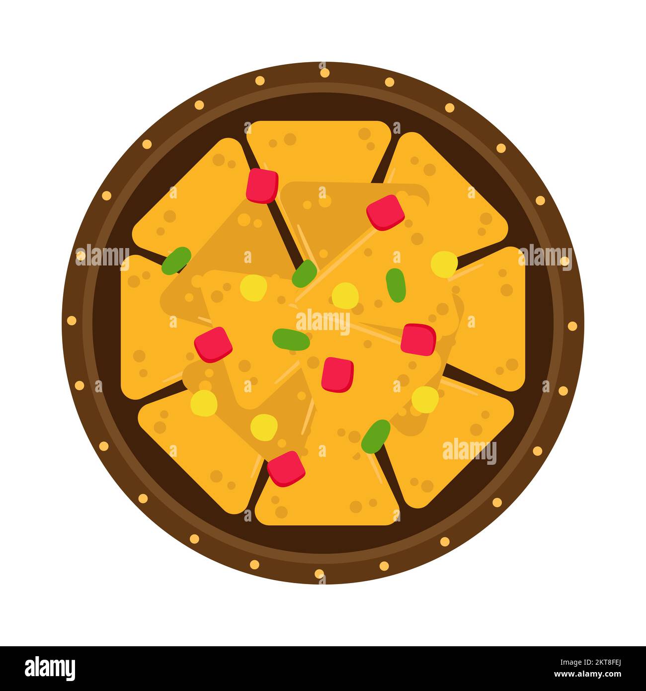 Nachos on a plate with pieces of corn, pepper and tomato. Mexican traditional food. Plate of tortilla chips. Cartoon illustration isolated on white Stock Vector