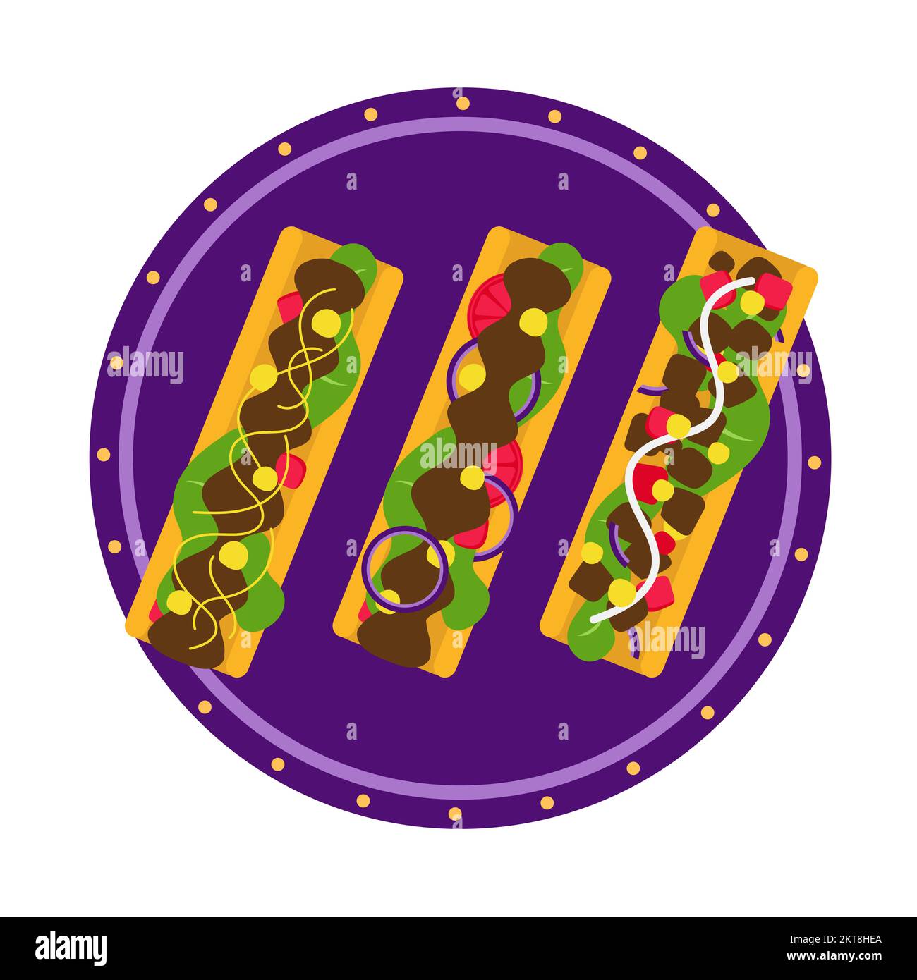 An Illustration of a three stuffed tacos on plate. View from above. Vector on white. Traditional mexican dish Stock Vector