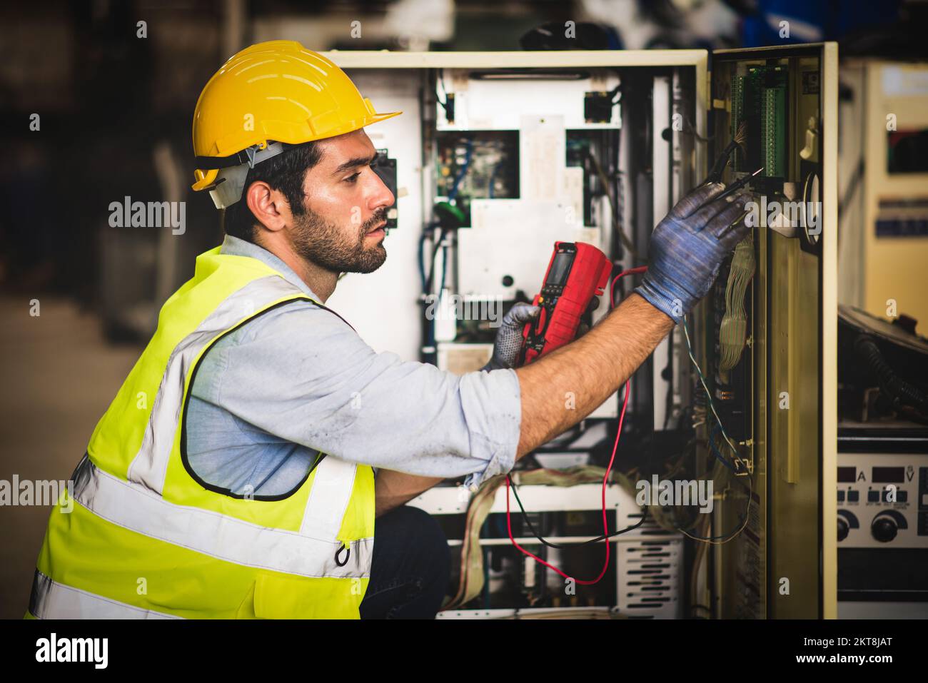 Electrical engineer work tester measuring voltage and current of power