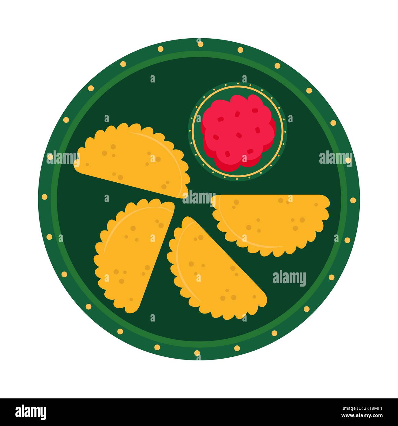 Vector illustration of empanadas dish on isolated background. Plate with sauce and food. Traditional mexican dish on white background. Stock Vector