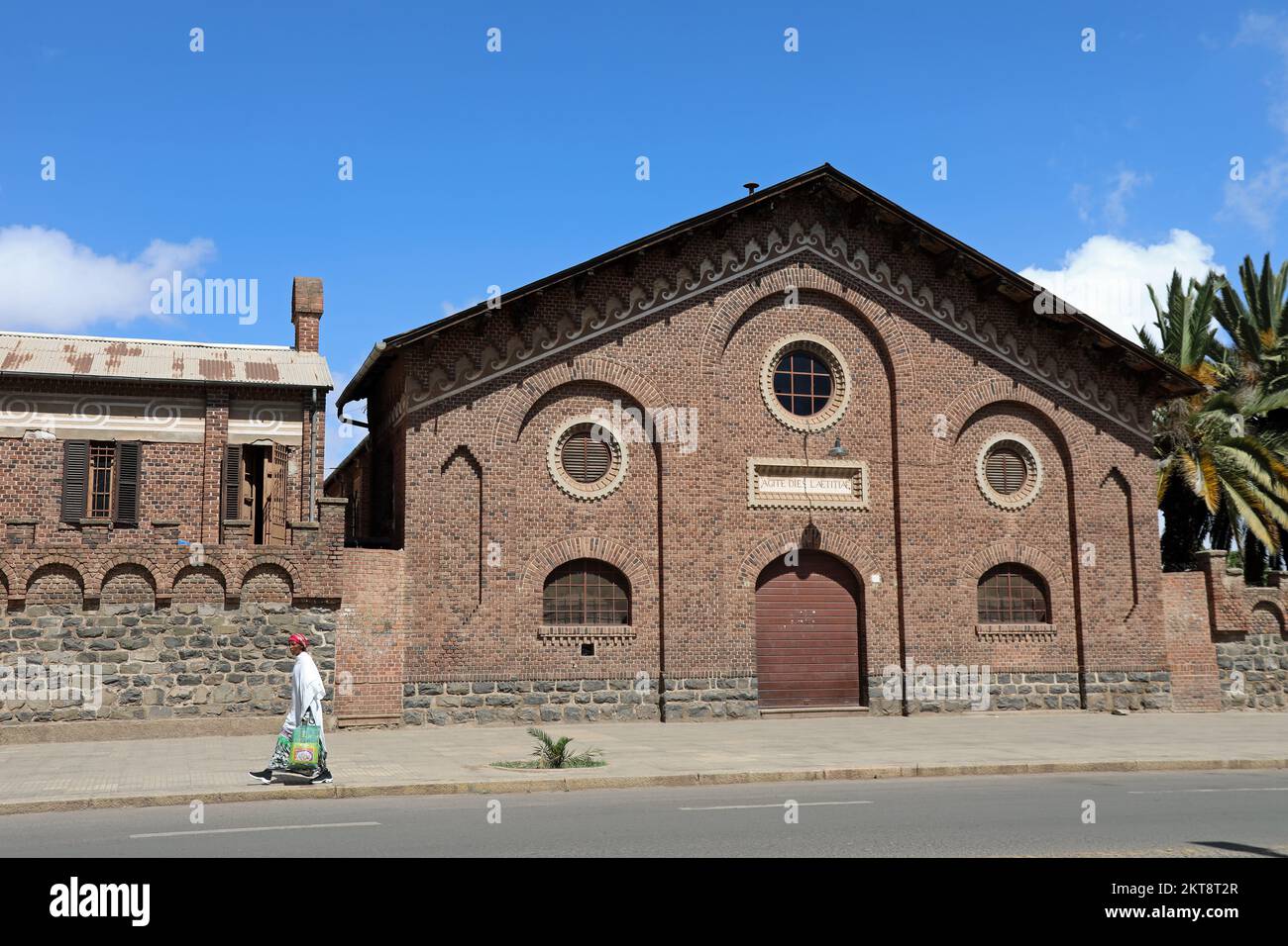 Agite dies Laetitiae Latin inscription on the Church of Our Lady of the Rosary in Asmara Stock Photo