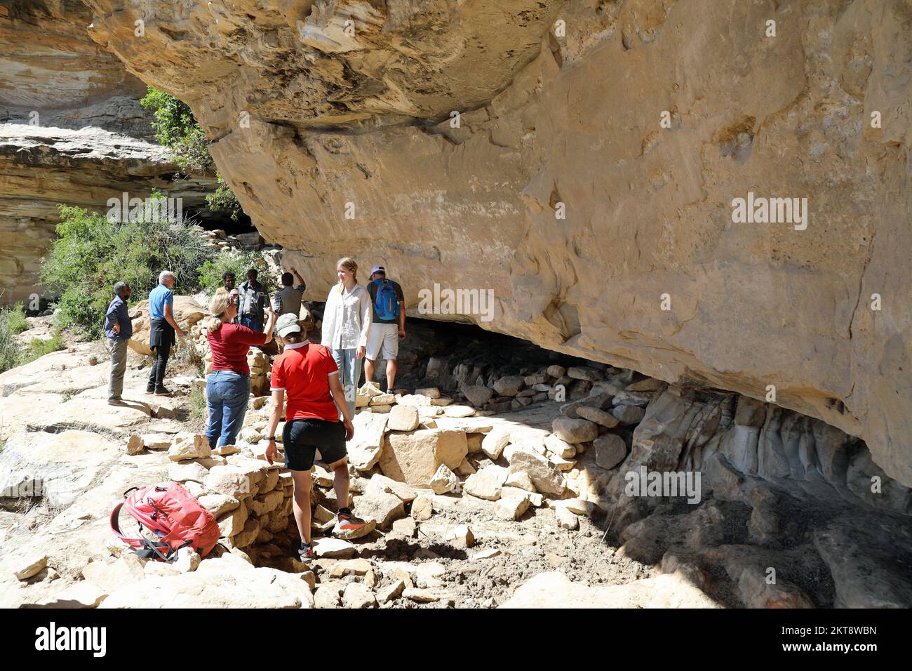 Tourists at the site of prehistic rock art at Qohaito in southern Eritrea Stock Photo