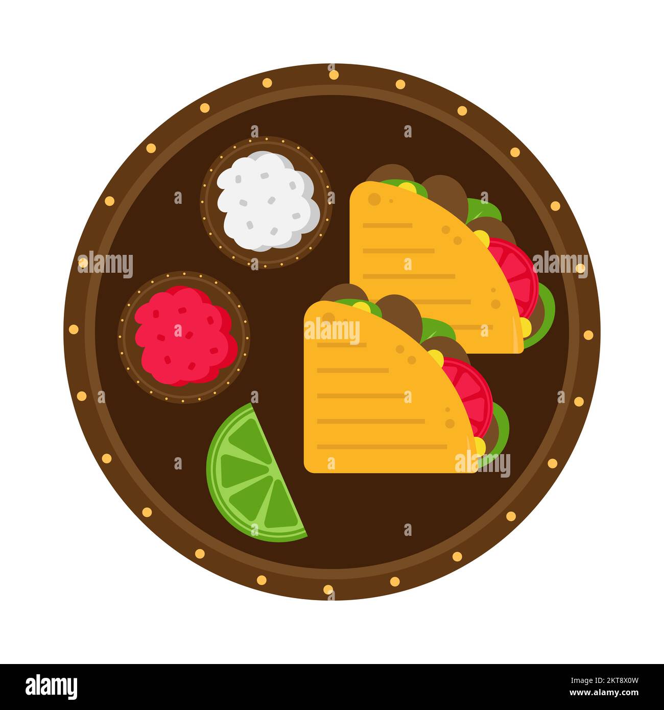 Quesadilla on plate with sauces and lime. Traditional mexican dish. Vector illustration on white background. Stock Vector