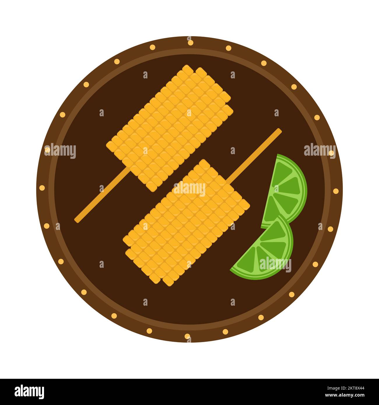 Corn on a stick. Traditional Mexican food on a white background. Two corns on a plate with lime Stock Vector
