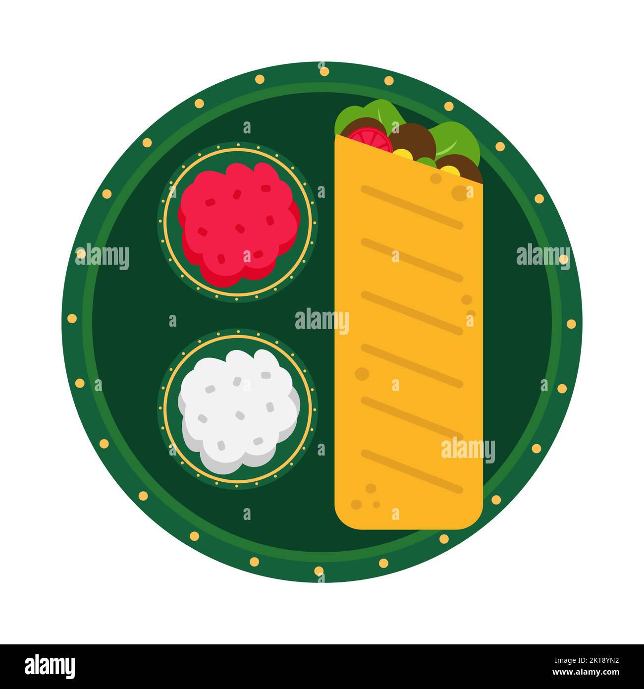 Burrito icon isolated on white background. Plate with sauces. Kebab icon. Traditional mexican dish on white background. Stock Vector