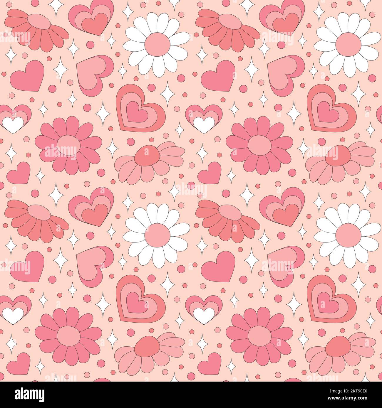 Seamless pattern with retro hearts and sparkles. Vector illustration. Stock Vector