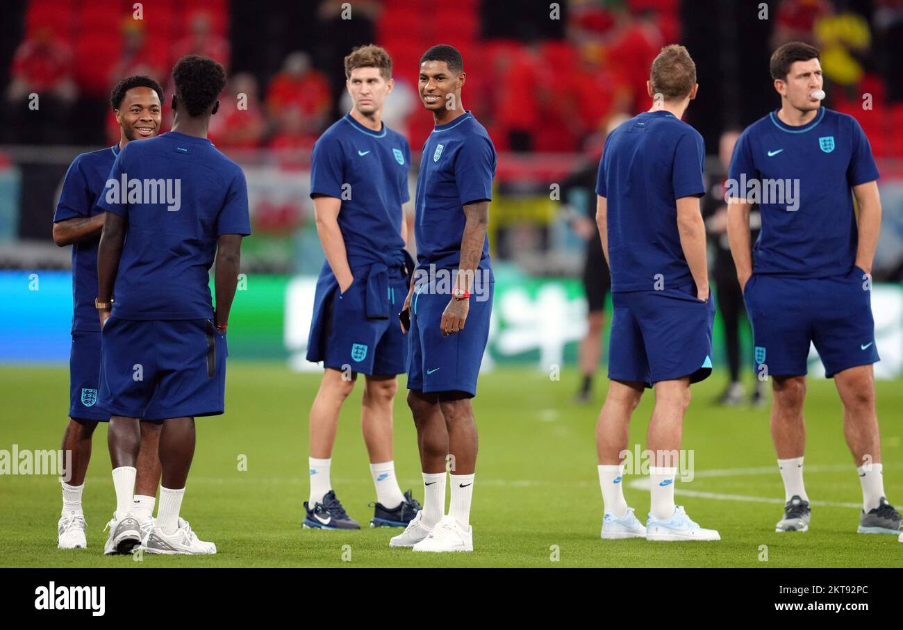 England's Marcus Rashford with team mates ahead of the FIFA World Cup Group B match at the Ahmad Bin Ali Stadium, Al Rayyan, Qatar. Picture date: Tuesday November 29, 2022. Stock Photo
