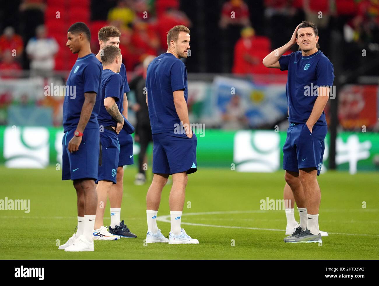 England's Harry Kane with Harry Maguire (right) ahead of the FIFA World Cup Group B match at the Ahmad Bin Ali Stadium, Al Rayyan, Qatar. Picture date: Tuesday November 29, 2022. Stock Photo