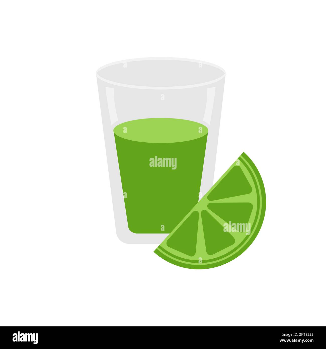 Tequila shot with lime slice isolated on white background. Mexican food and drink. Stock Vector