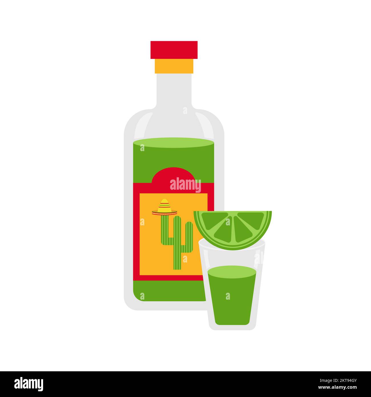 Mexican food and drink. Tequila with lime isolated on white. Vector