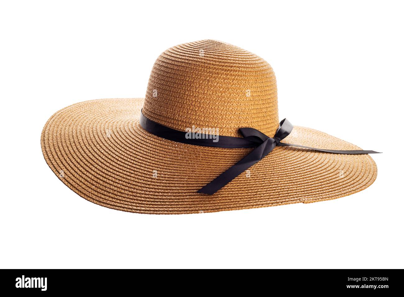 Womens summer yellow straw hat with black ribbon on white background Stock Photo