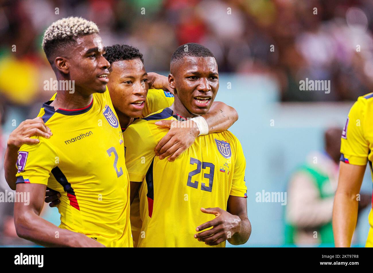 Moises Caicedo (23) of Ecuador scores a goal and celebrates 1-1 during the FIFA World Cup 2022, Group A football match between Ecuador and Senegal on November 29, 2022 at Khalifa International