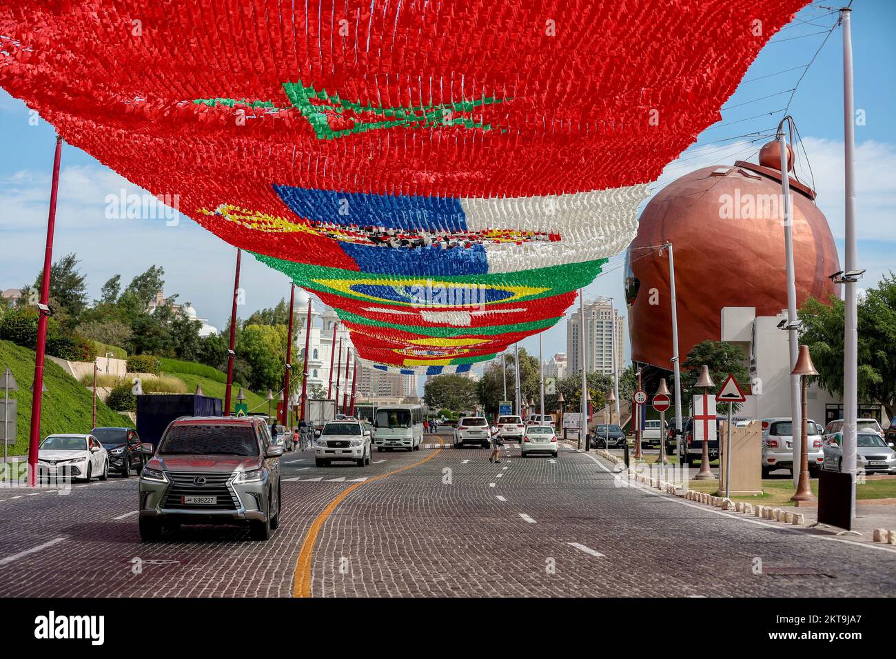 Canopy of national flag pennants of countries participating in the 2022 ...