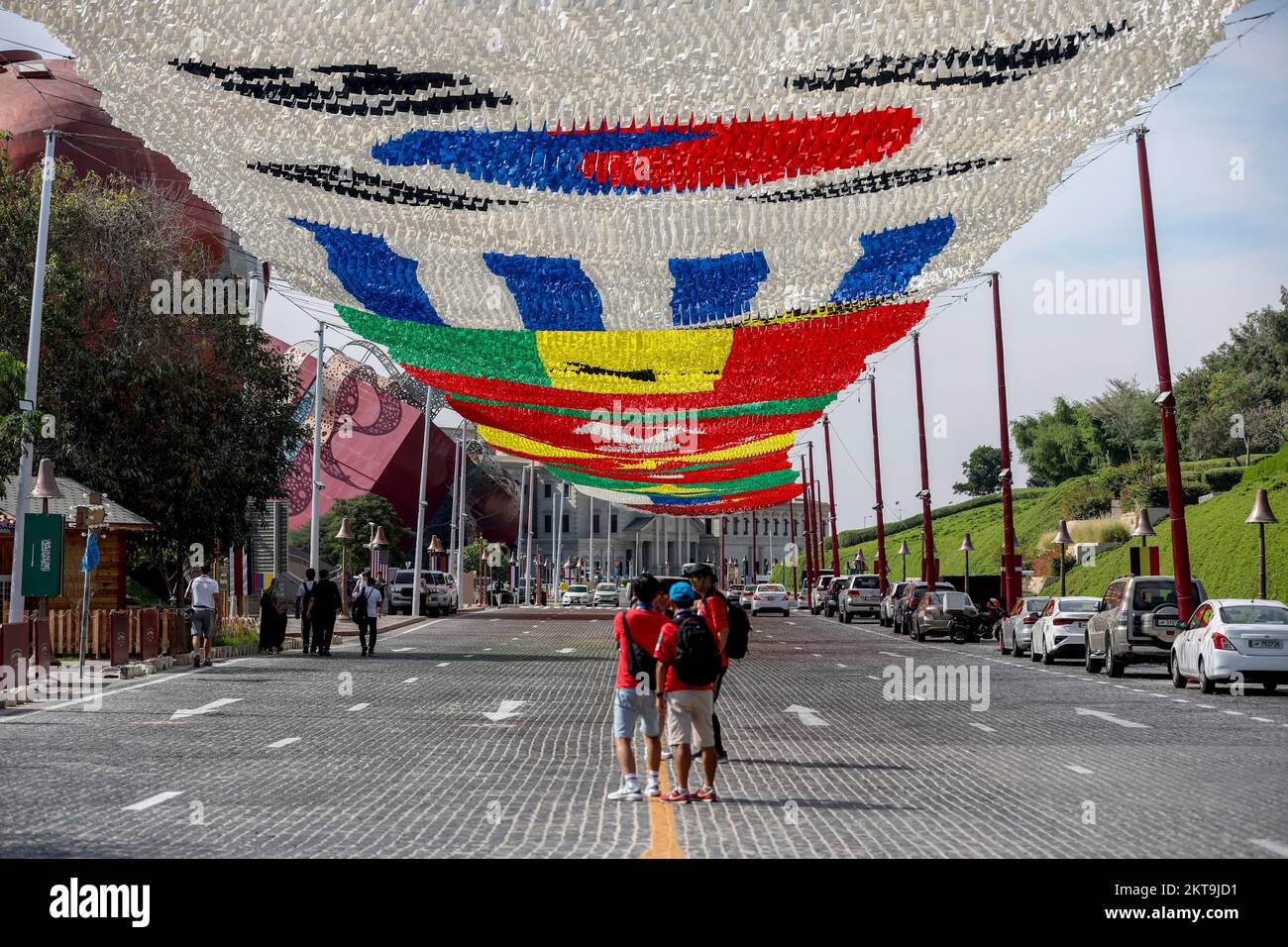 Canopy of national flag pennants of countries participating in the 2022 ...
