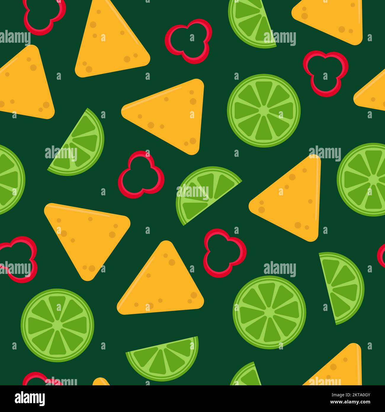 Background with nacho, slice of lime and chili on green - seamless pattern. Mexican snack. Pattern for wrapping, textile, design Stock Vector