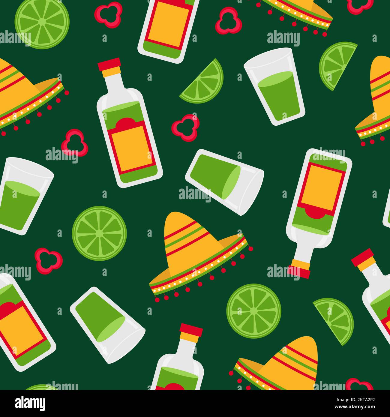 Colorful Mexican seamless pattern with tequila bottle, sombrero, chili pepper, lime shot, vector illustration. Pattern for wrapping, textile, design Stock Vector