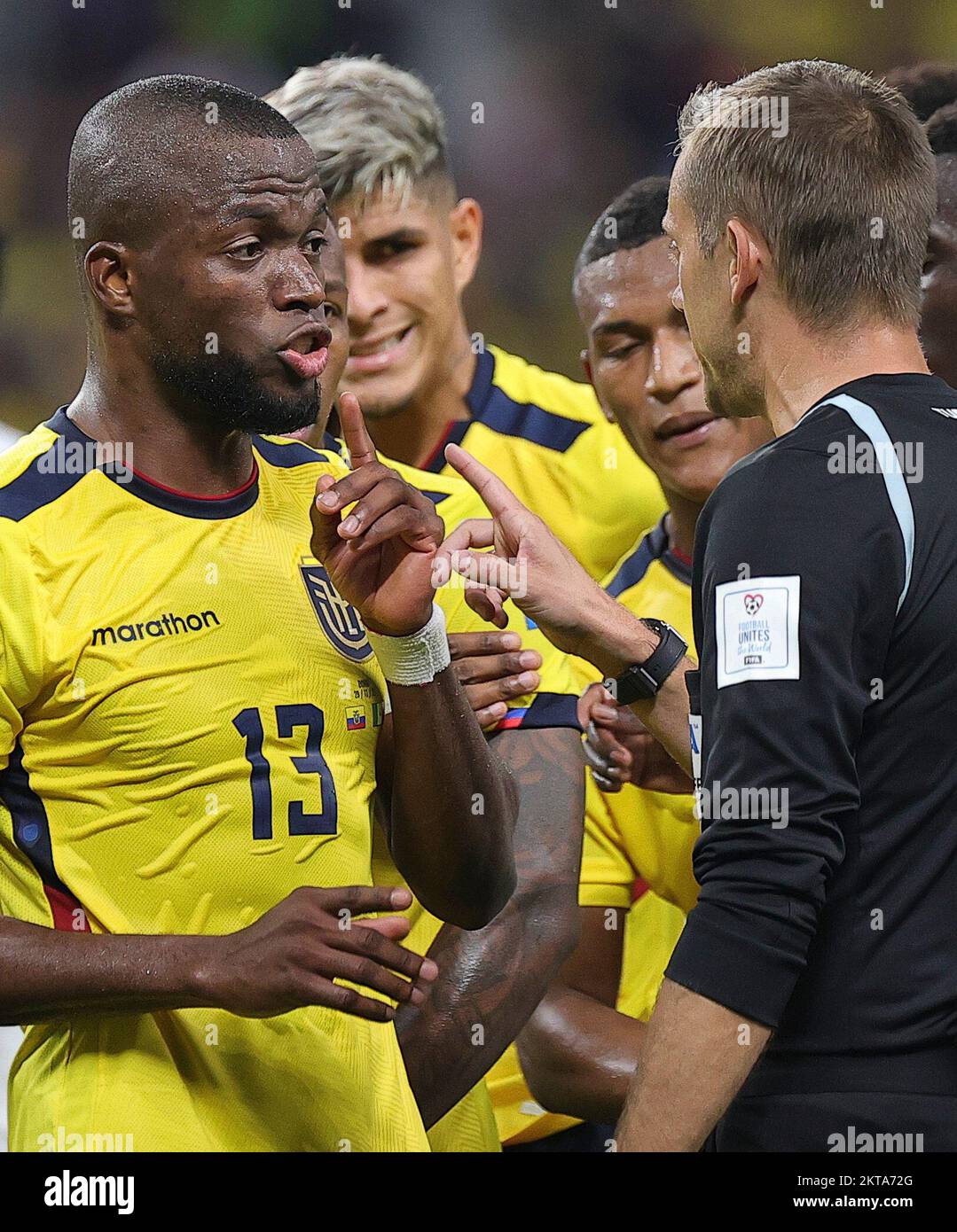 Doha, Qatar. 29th Nov, 2022. Enner Valencia (L) of Ecuador communicates
