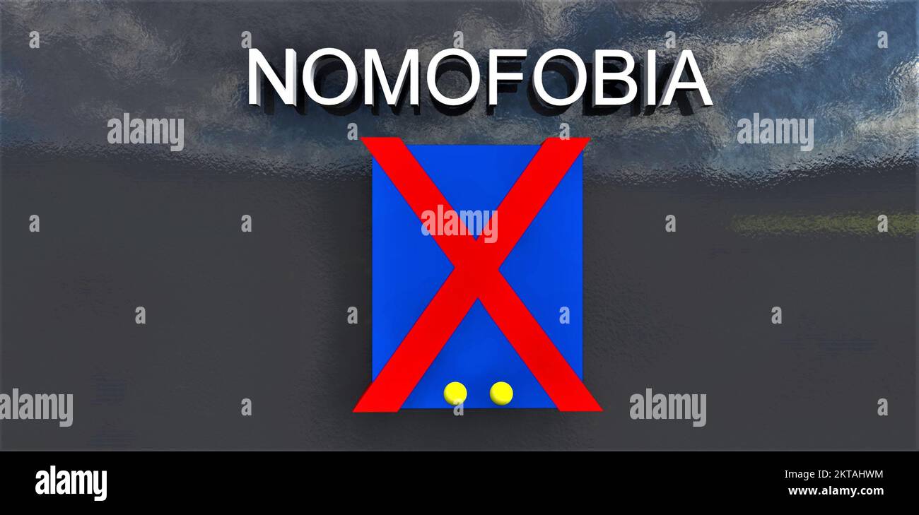 Word Nomofobia written in whiite on the steel background. Screen of the ...