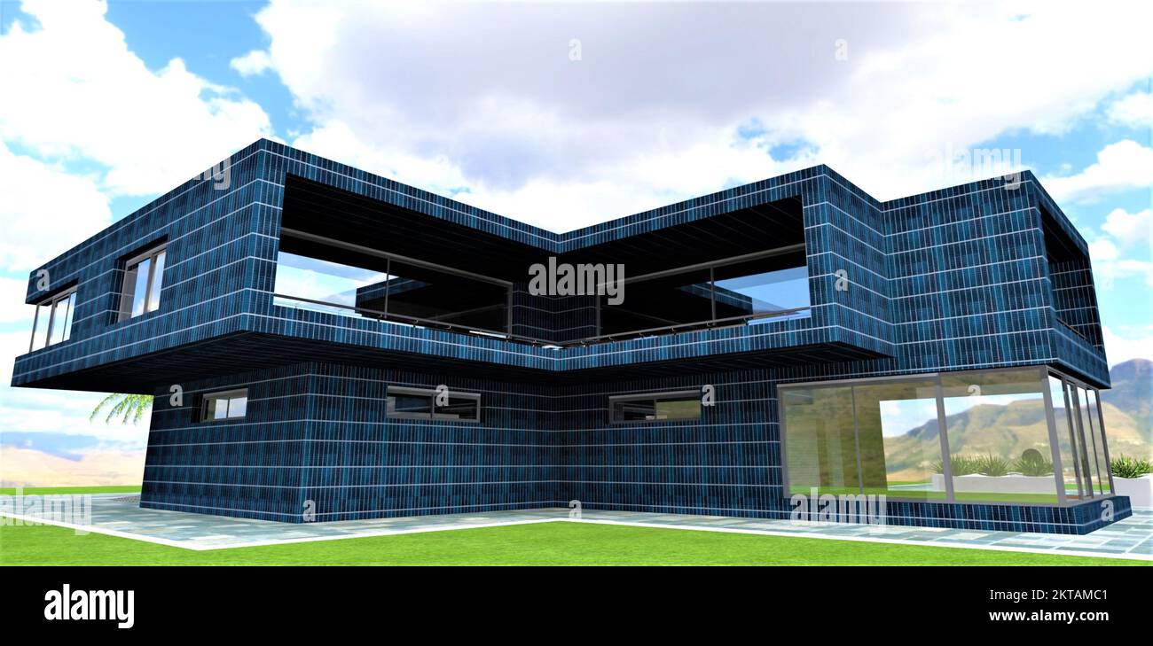 A great idea for green energy. Walls of the house finished with solar panels. 3d rendering Stock