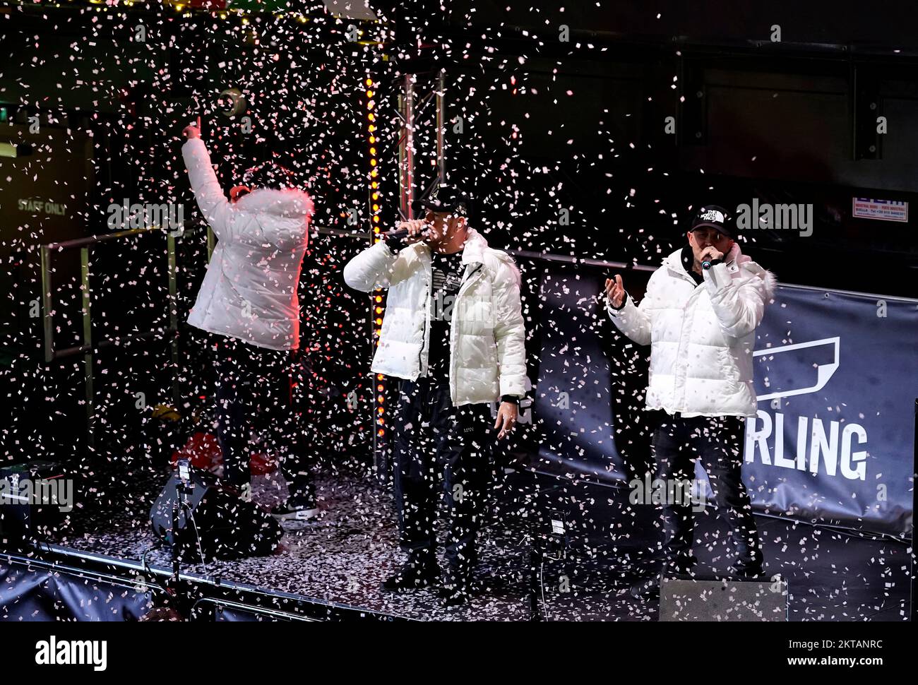 East 17 perform for the fans at BoxPark Wembley, during a screening of the FIFA World Cup Group B match between Wales and England. Picture date: Tuesday November 29, 2022. Stock Photo