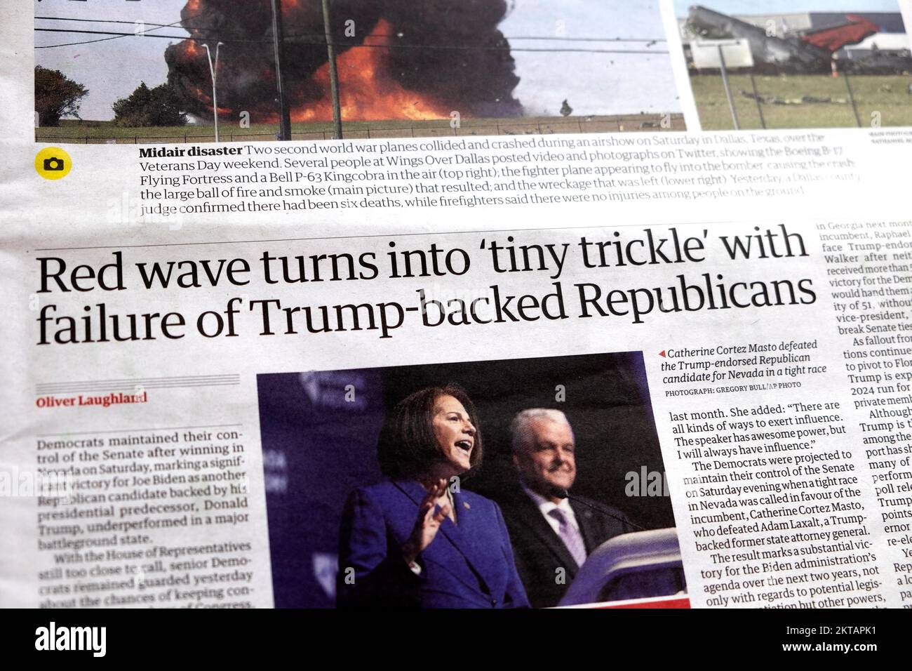 'Red wave turns into 'tiny trickle' with failure of Trump-backed Republicans' Guardian newspaper headline midterm election14th November 2022 UK Stock Photo