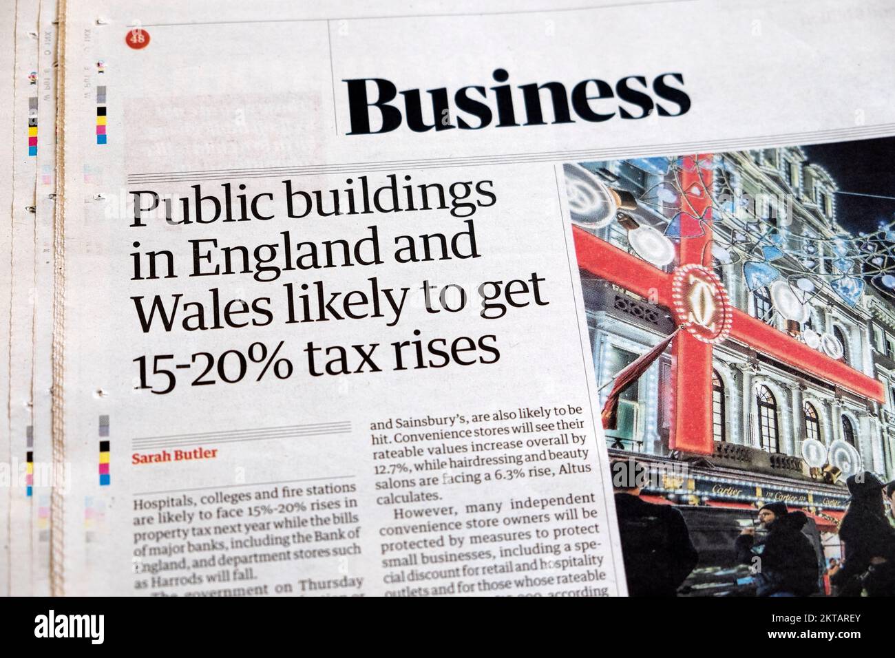 'Public buildings in England and Wales likely to get 15% 20% tax rises' Guardian Business section newspaper headline property tax rise article 2022 UK Stock Photo