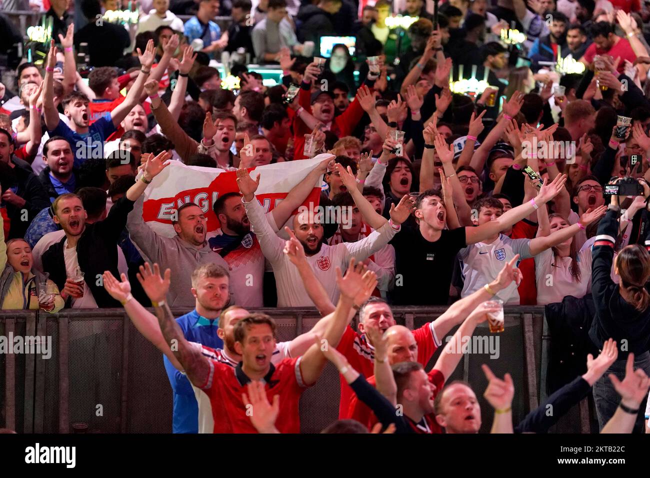 England fans at BoxPark Wembley, during a screening of the FIFA World Cup Group B match between Wales and England. Picture date: Tuesday November 29, 2022. Stock Photo