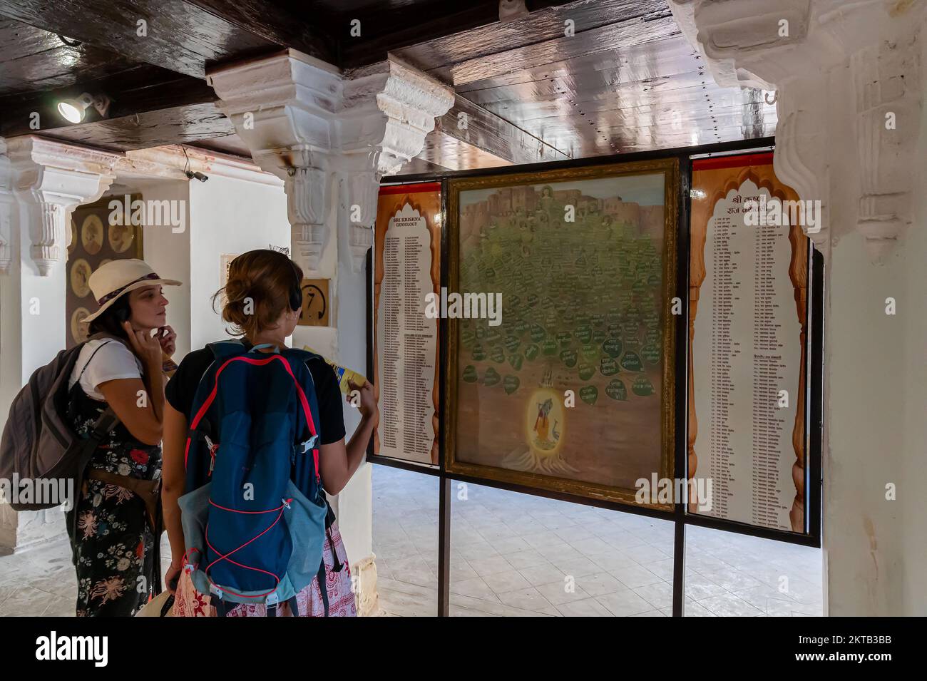 Jaisalmer, Rajasthan, India - 15th October 2019 : Foreign tourists studying genealogy of Lord Shri Krishna displayed inside interior of Rani Mahal or Stock Photo