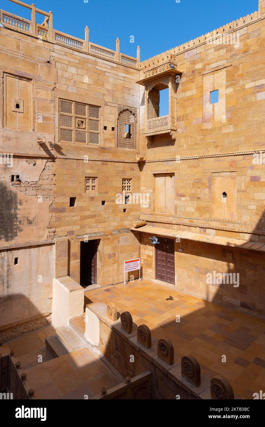 Jaisalmer, Rajasthan, India - 15th October 2019 : Sandstone made beautiful balcony, jharokha, stone window and exterior of Rani Mahal or Rani Ka Mahal Stock Photo