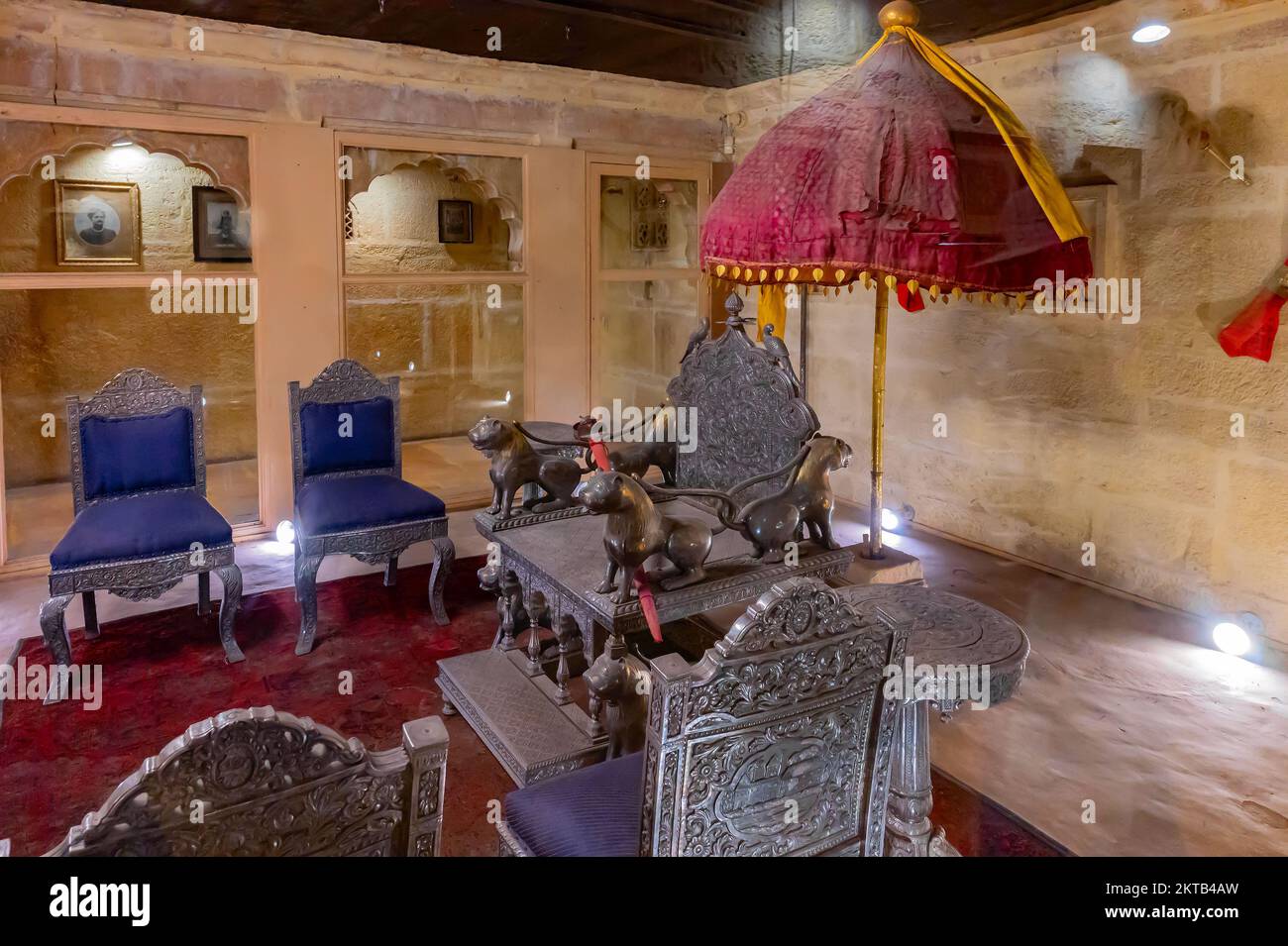 Jaisalmer, Rajasthan, India - 15th October 2019 : Beautiful decorated interior and seating arrangements of Raja Mahal or Raja Ka Mahal, inside Jaisalm Stock Photo