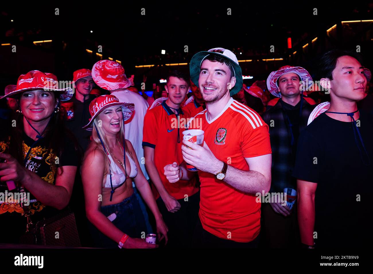 Wales fans react at the Budweiser Fan Festival London at Outernet, during a screening of the FIFA World Cup Group B match between Wales and England. Picture date: Tuesday November 29, 2022. Stock Photo