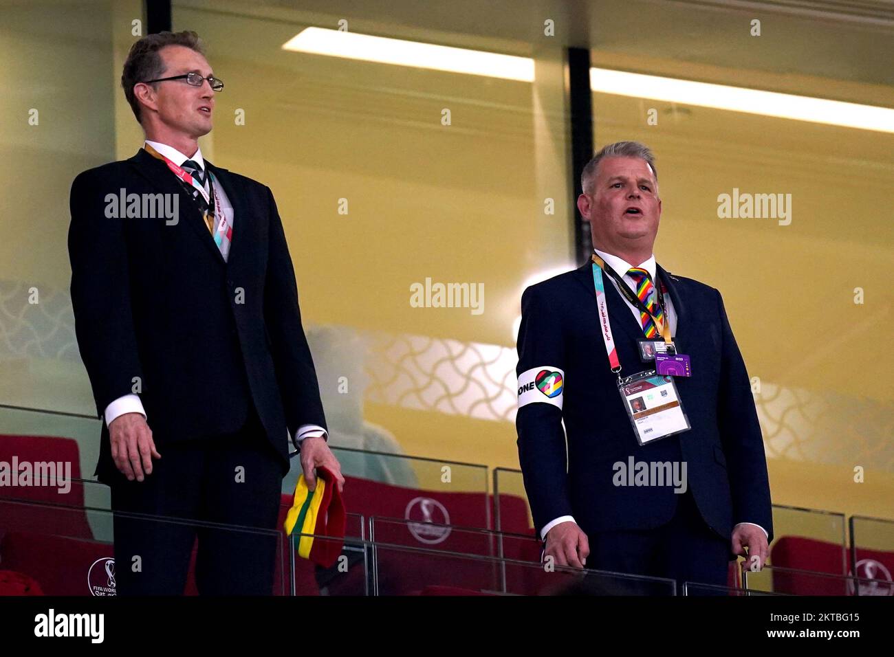 Stuart Andrew, (right) sports minister wearing the one love armband