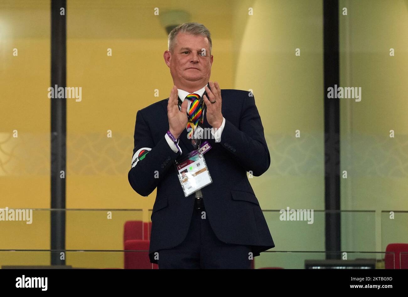 MP Stuart Andrew wearing a One Love armband in the stands during the