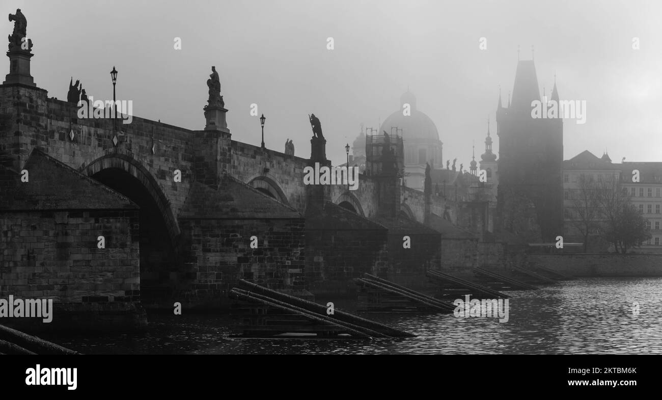 Early foggy morning on Charles bridge Prague, Czech republic Stock Photo