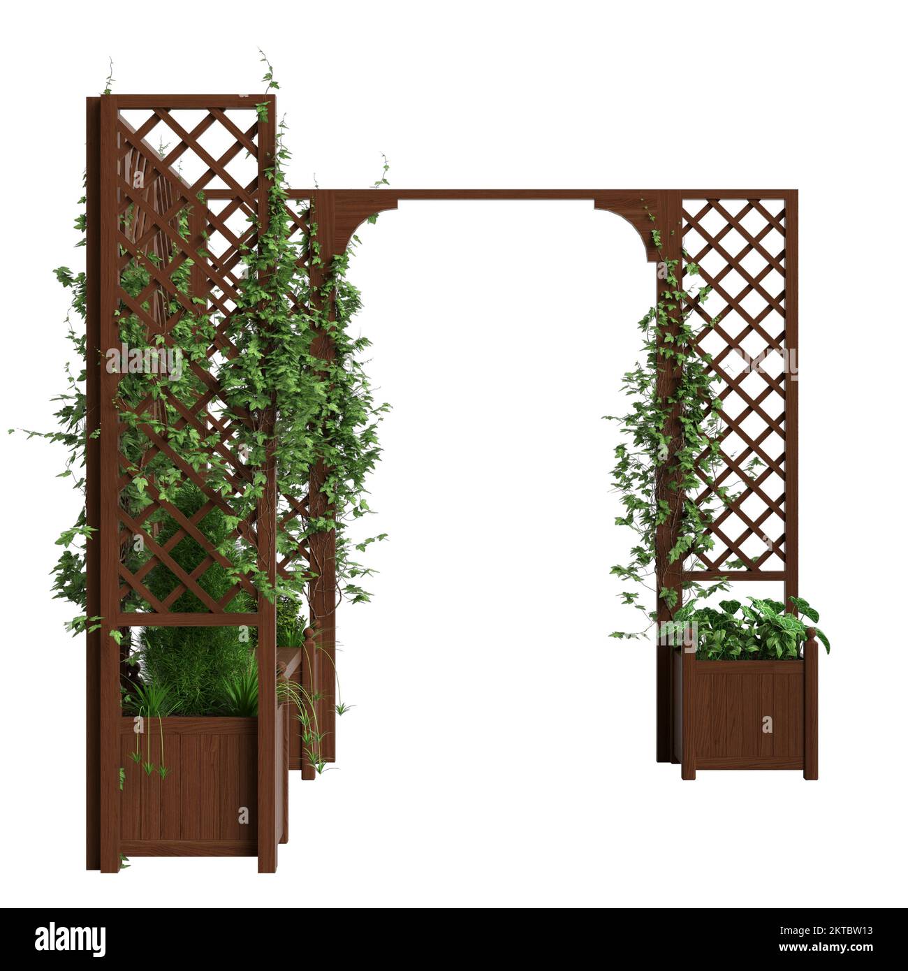 3d illustration of bench planter with trellis dark wooden isolated on white background Stock