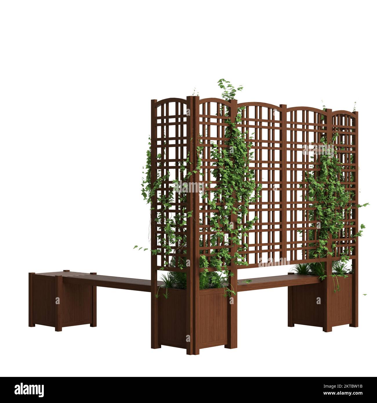3d illustration of bench planter with trellis dark wooden isolated on white background Stock