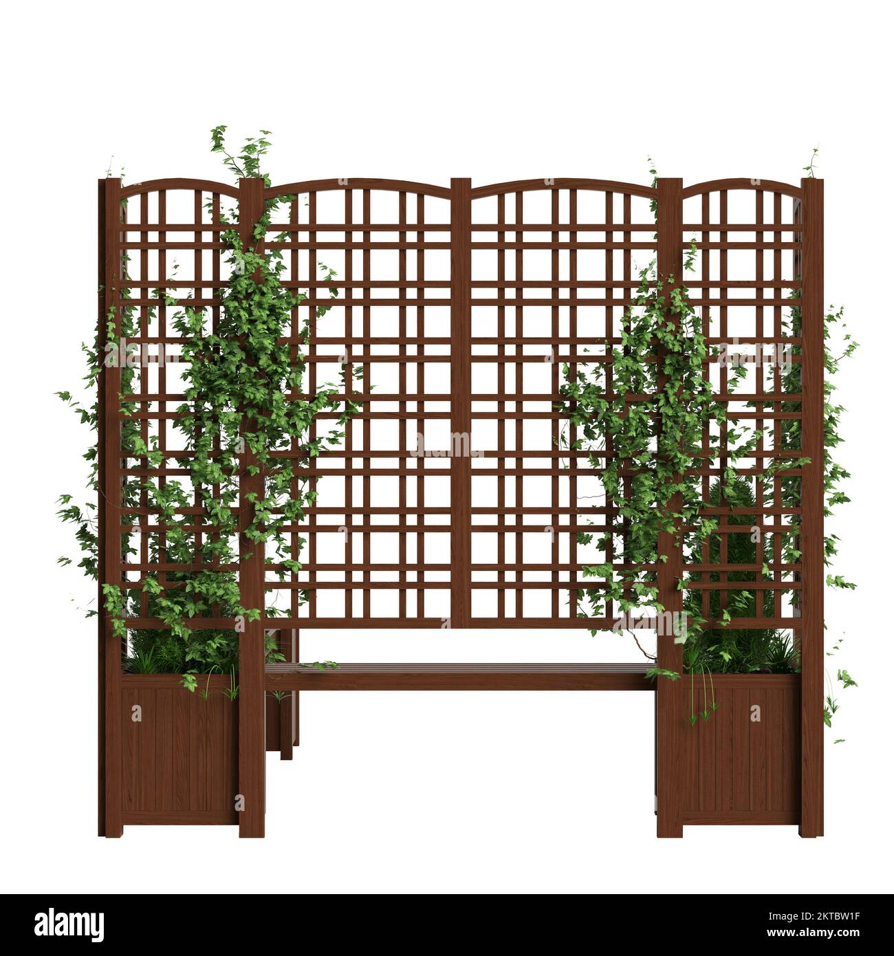 3d illustration of bench planter with trellis dark wooden isolated on white background Stock