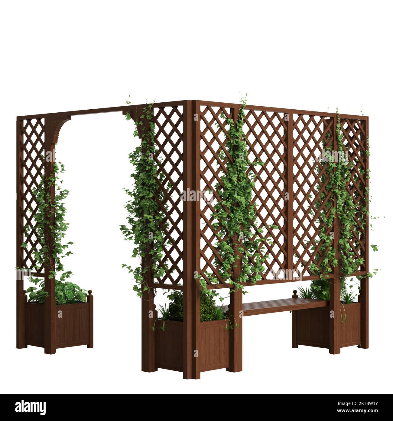 3d illustration of bench planter with trellis dark wooden isolated on white background Stock