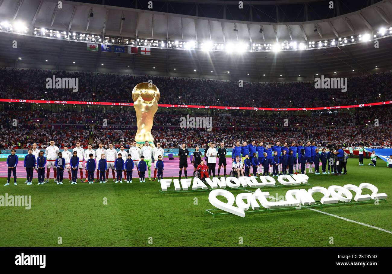Al Rayyan, Qatar, 29th November 2022. General view as the teams line up for anthems during the FIFA World Cup 2022 match at Ahmad bin Ali Stadium, Al Rayyan. Picture credit should read: David Klein / Sportimage Stock Photo
