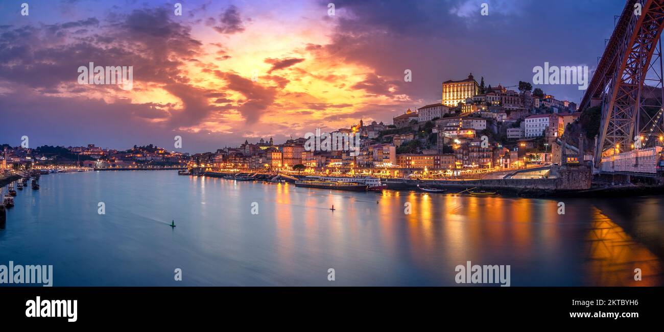 Famous bridge Ponte dom Luis above old town of Porto at river Duoro, Portugal Stock Photo
