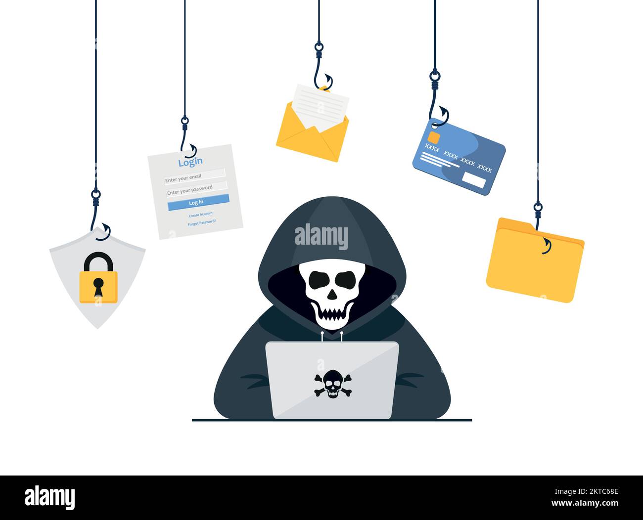 Hacker vector concept: Unknown man stealing data from the email while using laptop eps 10 Stock Vector