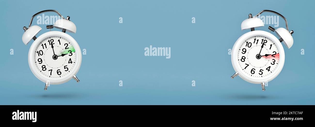 Change time. Winter and summer time on a blue background. Change the