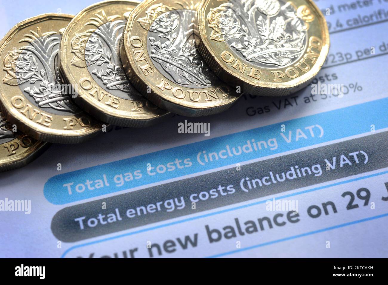 ENERGY BILL WITH ONE POUND COINS RE ELECTRIC BILLS GAS COSTS PRICES COST OF LIVING CRISIS HEATING ETC UK Stock Photo