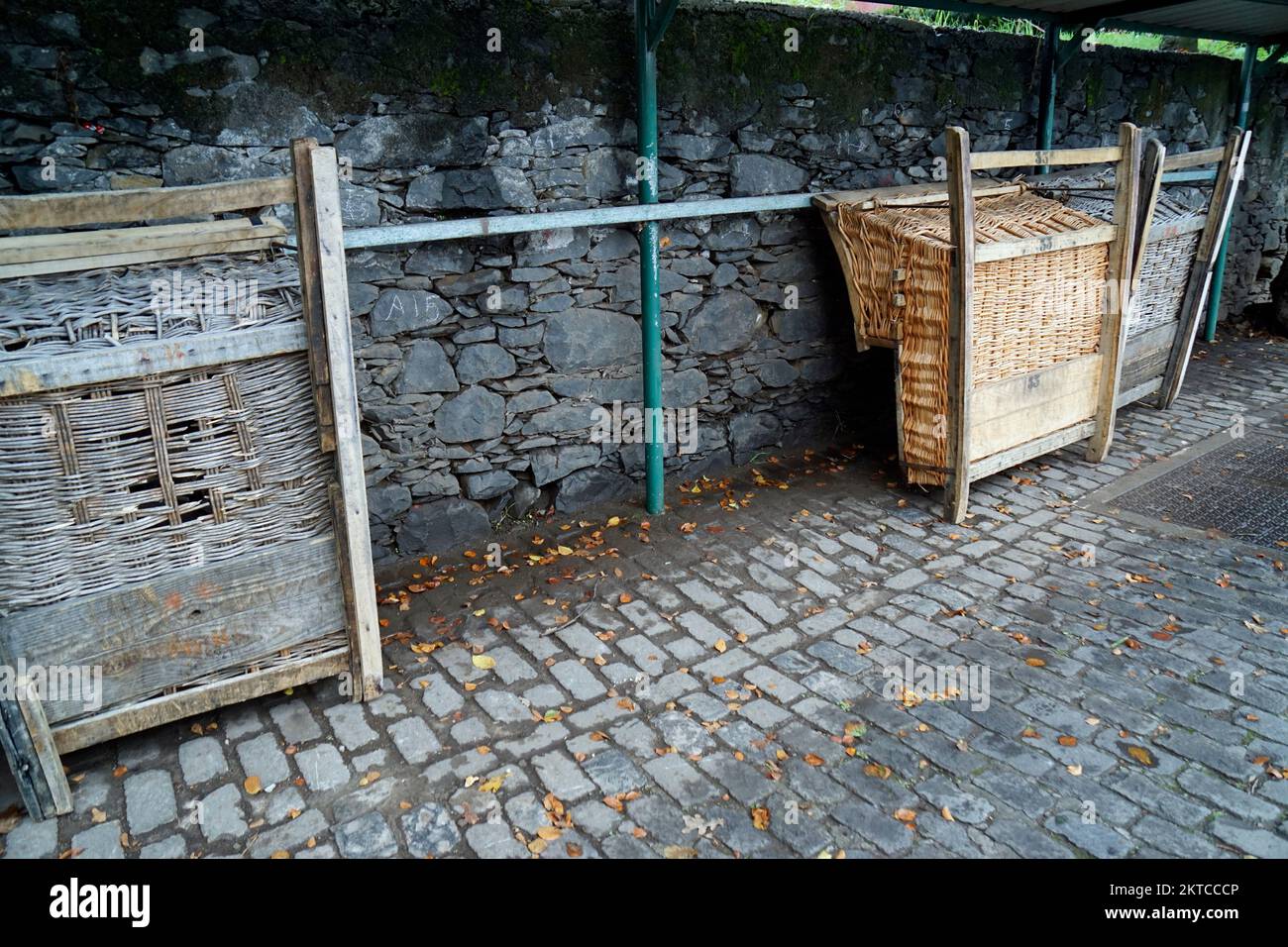 traditional wooden basket sleds in funchal on madeira island Stock
