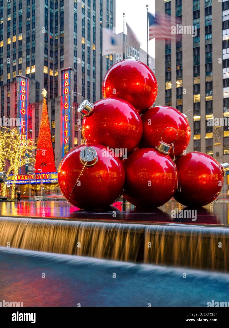 Radio City, Red Christmas Ornaments Manhatten,New York City,New York,USA Stock Photo
