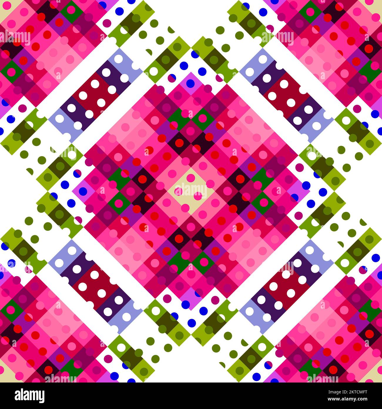 Whimsical geometric pixel pattern. Playful fun kaleidoscopic pink ...
