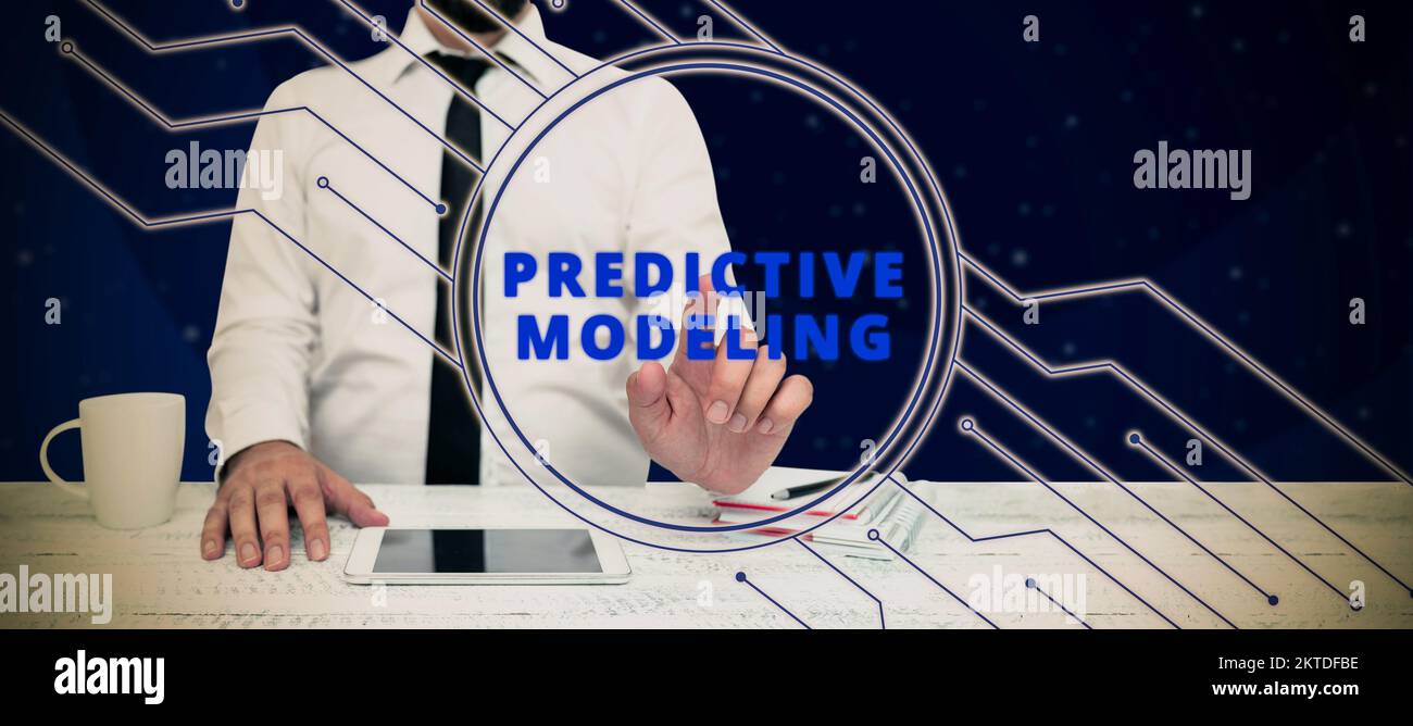 Text caption presenting Predictive Modeling, Business idea maintenance strategy driven by predictive analytics Stock Photo