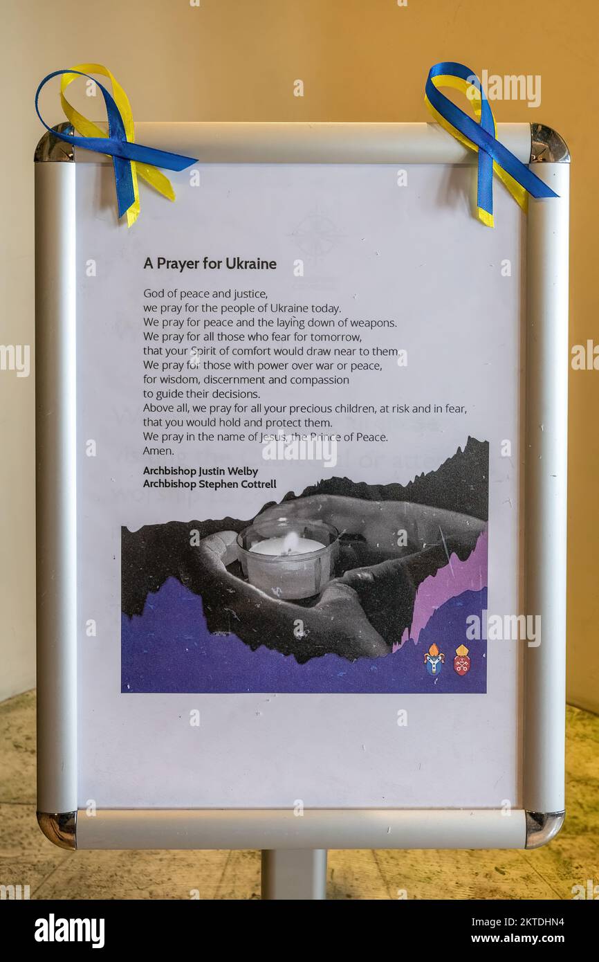 A prayer for Ukraine displayed Guildford Cathedral during the 2022 invasion by Russia, Surrey, England, UK Stock Photo