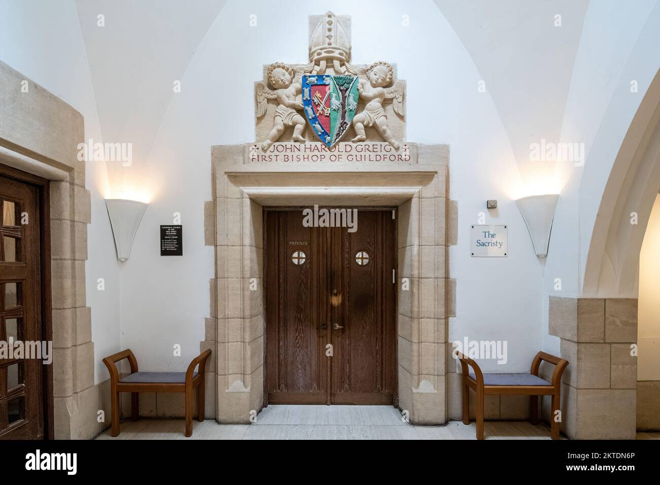 Ornate entrance to the Sacristy inside Guildford Cathedral, Surrey, England, UK Stock Photo