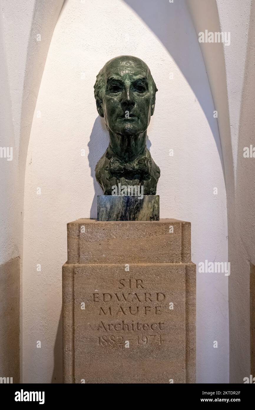 A bust of architect Edward Maufe inside Guildford Cathedral, Surrey, England, UK Stock Photo